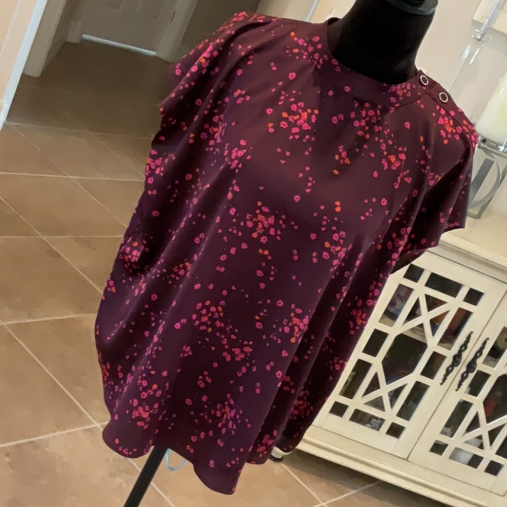Ann Taylor blouse, wine with pink/orange/black floral design, size XL - Picture 1 of 8